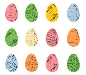 Collection of easter eggs with different designs in green, purple, pink, yellow, blue and beige colors isolated on white background. Hand drawn vector sketch flat simple illustration in doodle style .