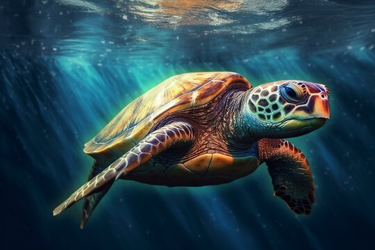 image depicts sea turtle swimming in deep blue ocean water. Generative AI
