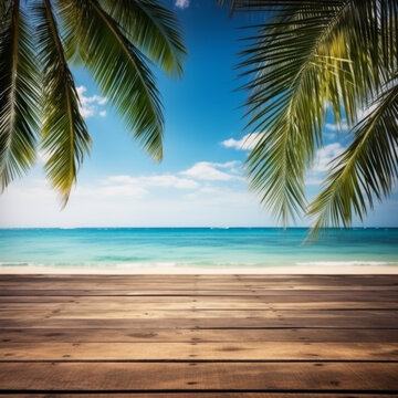 Empty wide Table top wooden bar with blurred beautiful beach scene background coconut leaf on the frame for product display mockup outside summer day time, Resort on nature sea
