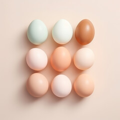 Top view of painted easter eggs on pink background