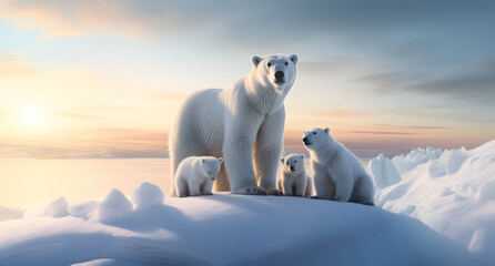 polar bear on ice with its kids	 - obrazy, fototapety, plakaty