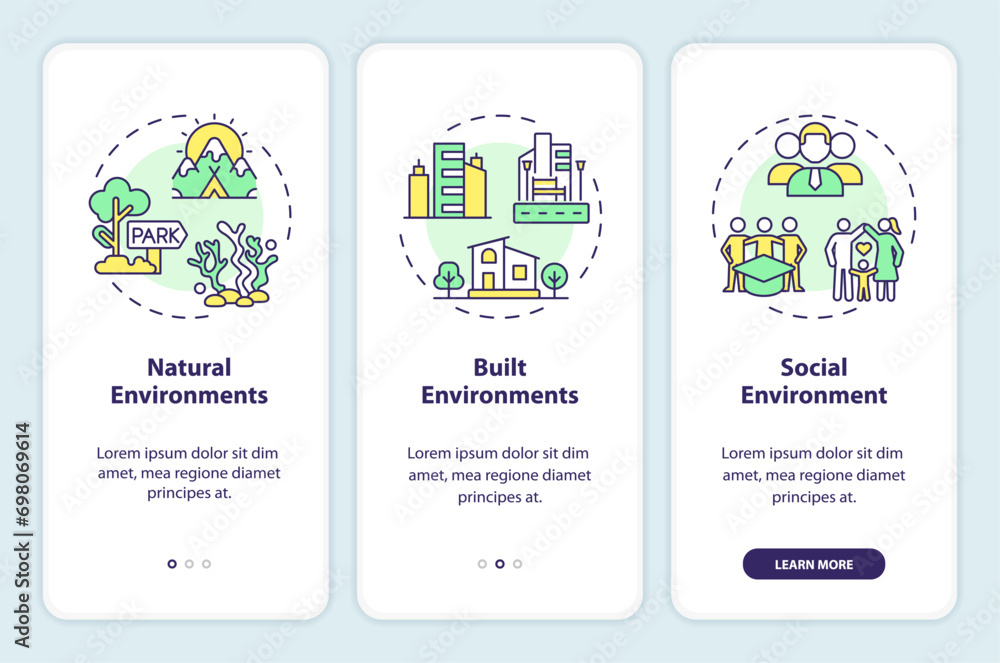 Poster 2d icons representing types of environment in psychology mobile app screen set. walkthrough 3 steps 