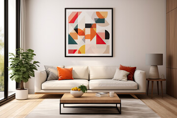 A modern living room with a minimalist white sofa, abstract art on the walls, and a geometric coffee table