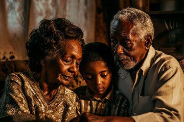 Cozy family time, African American grandparents enjoying moments with their grandson at home, smiles lighting up the room