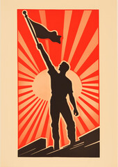 Propaganda poster featuring a powerful silhouette of a man with a flag against a radiant red backdrop. - obrazy, fototapety, plakaty