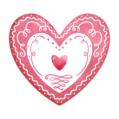 A heart-shaped gingerbread cake dipped in a pink swirl of sweet cream. This illustration brings tenderness and an atmosphere of joy, ideal for creating a visual sweet fairy tale