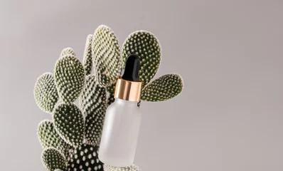 Foto op Plexiglas Cosmetic matte bottle with dropper with natural face and body skin care product among thick cactus leaves. Ecological natural cosmetics concept © Marina