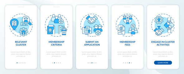 2D icons representing become member of agro-food cluster mobile app screen set. Walkthrough 5 steps blue graphic instructions with thin line icons concept, UI, UX, GUI template. - obrazy, fototapety, plakaty