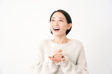 ひらめく中年女性　白背景