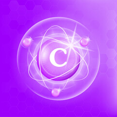 Vitamin C icon structure purple substance of butterfly pea. Medicine health symbol of thiamine. Drug business concept. Vector Illustration. 3D. Complex with chemical formula. Personal care, beauty.	