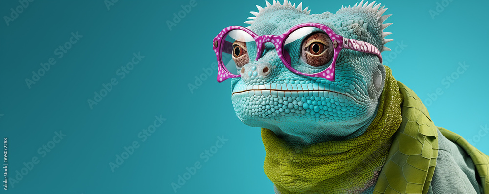 Wall mural chameleon wearing sunglasses on a solid color background, digital art, faceted, minimal, abstract, p