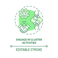 2D editable green engage in cluster activities icon, monochromatic isolated vector, thin line illustration representing agricultural clusters.