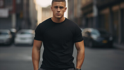 Young Model Shirt Mockup, Boy wearing black t-shirt on street in daylight, Shirt Mockup Template on hipster adult for design print,, generative ai