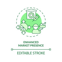 2D editable green enhanced market presence icon, monochromatic isolated vector, thin line illustration representing agricultural clusters.