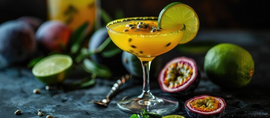 Alcoholic cocktail with passion fruit and lime.