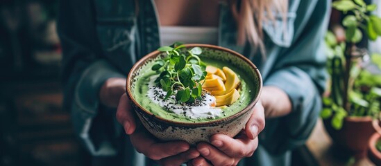 Female holding vegan avocado smoothie bowl for breakfast.