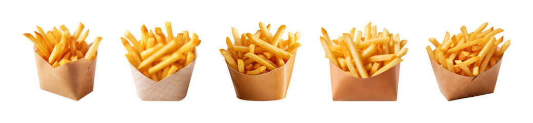 Collection of french fries in a paper box isolated on a transparent background - obrazy, fototapety, plakaty