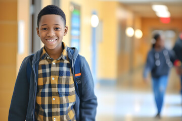 young black boy wearing backpack, standing in a hallway in the school