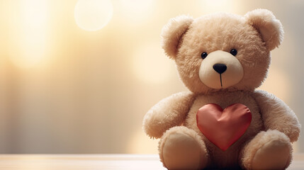 Close-up of a teddy bear with a heart-shaped  against a soft, blurred background Ai Generative