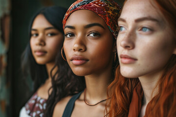Teenagers or young women of different nationalities together, partial focus - obrazy, fototapety, plakaty