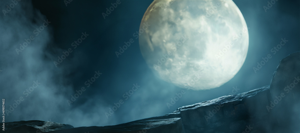 Wall mural giant full moon and cliff - full moon casting it's moonlight on a empty stone cliff - with empty spa