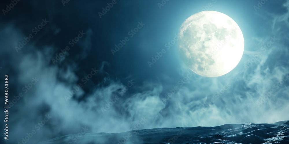 Wall mural spooky night cliff - full moon casting it's moonlight on a empty stone cliff - with empty space for 