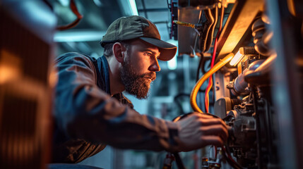 The maintenance engineer for ventilation and air conditioning systems checks and searches for faults - obrazy, fototapety, plakaty