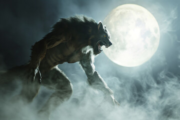 Nightmare Summit. Horror Werewolf Silhouette on Moonlit Stone Cliff - Werewolf and a full moon - Spooky fierce lycanthrope on a cliff - horror Halloween concept - obrazy, fototapety, plakaty