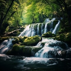 A waterfall with a panoramic forest