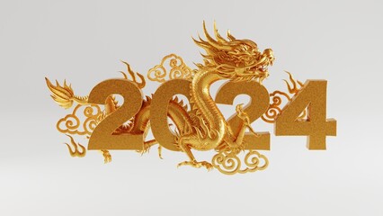 3d rendering illustration for happy chinese new year 2024 the dragon zodiac sign with flower, lantern, asian elements, red and gold on background. ( Translation :  year of the dragon 2024 )
 - obrazy, fototapety, plakaty
