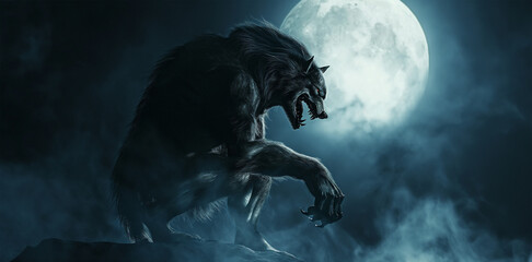 Lycanthropic Night. Sinister Werewolf on Moonlit Cliff in Eerie Mist - Werewolf and a full moon - Spooky fierce lycanthrope on a cliff - horror Halloween concept - obrazy, fototapety, plakaty