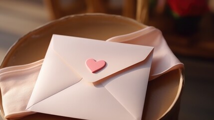 Vintage open white envelope with a heart on the table. Romantic details, declaration of love, love note