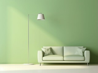 Beautiful interior with sofa and floor lamp in front of light green background generative ai