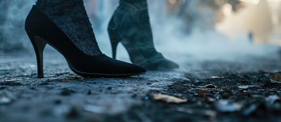 Close-up of black suede high heels on a foggy background, symbolizing women's strength and dominance. - obrazy, fototapety, plakaty