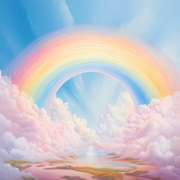 A vibrant rainbow arching across a sky painted with pastel hues.