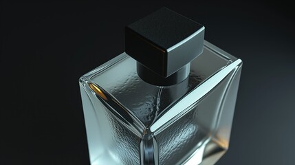 Hyper-realistic square-shaped perfume bottle with glass body, matte black cap, and frosted texture. Diagonal position on dark background exudes sophistication and elegance
