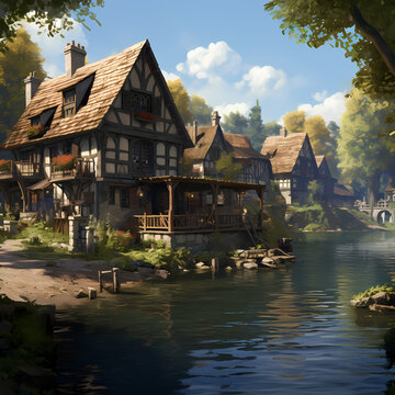 A charming hamlet nestled on the shores of a calm river.
