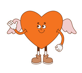 The hand-drawn heart retro character. Vector illustration in trendy retro cartoon style. Love, Valentine's Day.