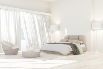 Modern bedroom decorated in a minimalist style with an all white 3D render
