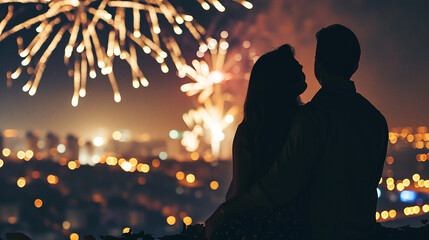 Couple of lovers on top of building watching mesmerizing fireworks at night above a city landscape