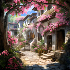 A hidden courtyard with an abundance of blossoming flowers and winding paths.