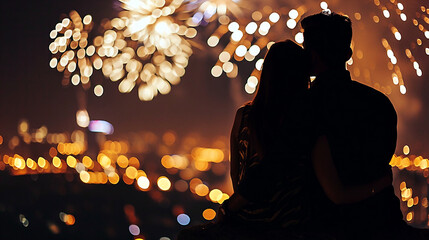 Couple of lovers on top of building watching mesmerizing fireworks at night above a city landscape