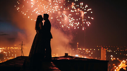 Couple of lovers on top of building watching mesmerizing fireworks at night above a city landscape