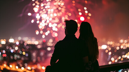 Couple of lovers on top of building watching mesmerizing fireworks at night above a city landscape