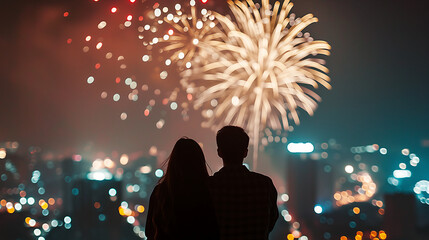 Couple of lovers on top of building watching mesmerizing fireworks at night above a city landscape