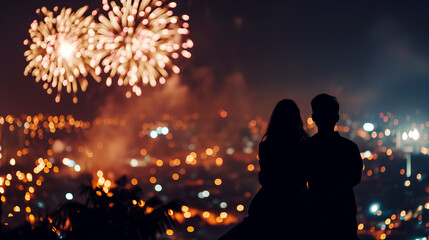Couple of lovers on top of building watching mesmerizing fireworks at night above a city landscape