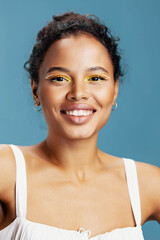 Skin woman smile happiness african fashion blue american lifestyle beauty curly portrait face hair studio