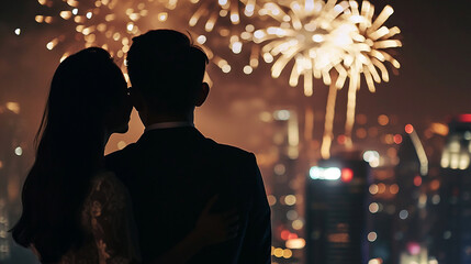 Couple of lovers on top of building watching mesmerizing fireworks at night above a city landscape