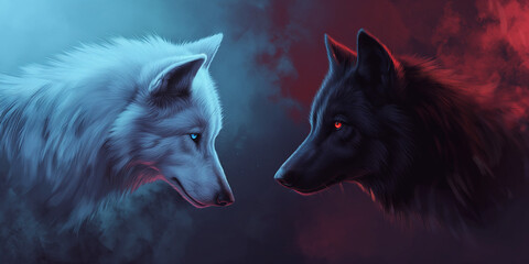 white versus black wolves - duel of good and evil concept art - a white wolf versus a black wolf - fantasy illustration - profile view of both wolves looking at each other in a face off duel - obrazy, fototapety, plakaty