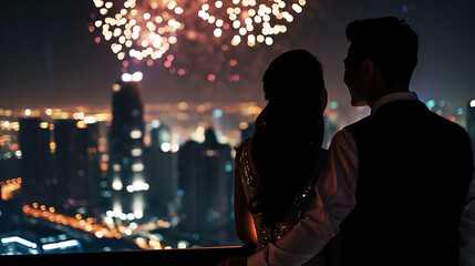 Couple of lovers on top of building watching mesmerizing fireworks at night above a city landscape